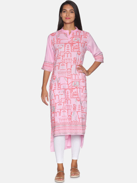 

Instafab Women Peach Ethnic Motifs Printed Chikankari Kurta, Pink