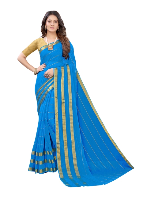 

KALINI Blue & Golden Striped Zari Pure Chiffon Saree