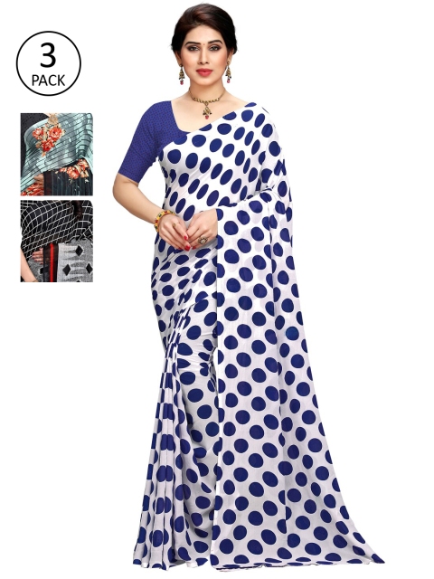 

KALINI Pack Of 3 Poly Georgette Printed Sarees, Blue