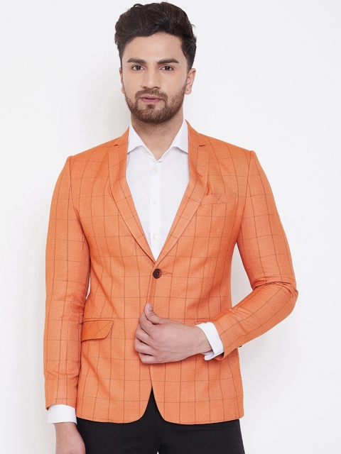 

Spirit Men Orange Checked Tailored-Fit Single-Breasted Casual Blazer