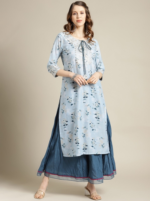 

Varanga Women Blue Floral Printed Thread Work Kurta