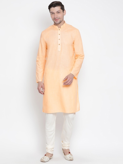 

Vastramay Men Orange Cotton Linen Blend Kurta Pyjama Set