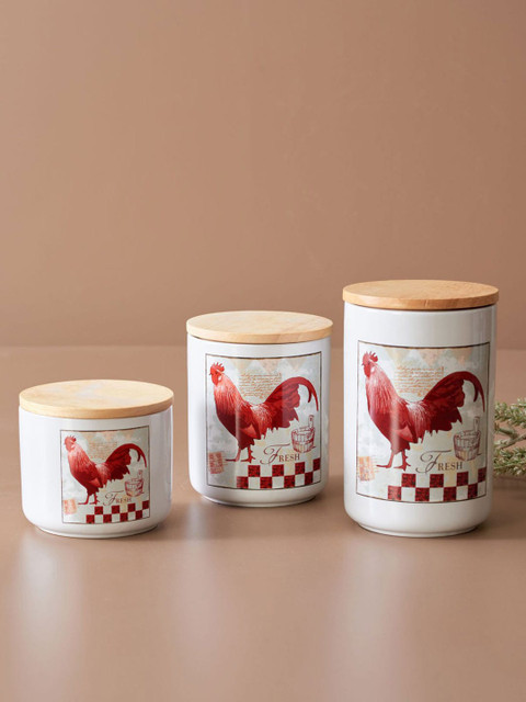 

THEDECORKART Set Of 3 White & Red Rooster Printed Ceramic Storage Canisters