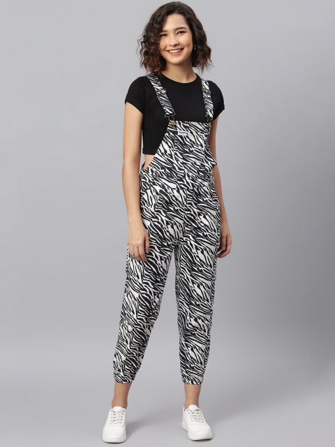 

FINSBURY LONDON Women Black & White Printed Slim-Fit Cotton Dungarees