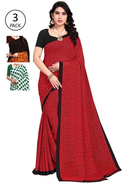 

KALINI Pack Of 3 Poly Georgette Sarees, Red