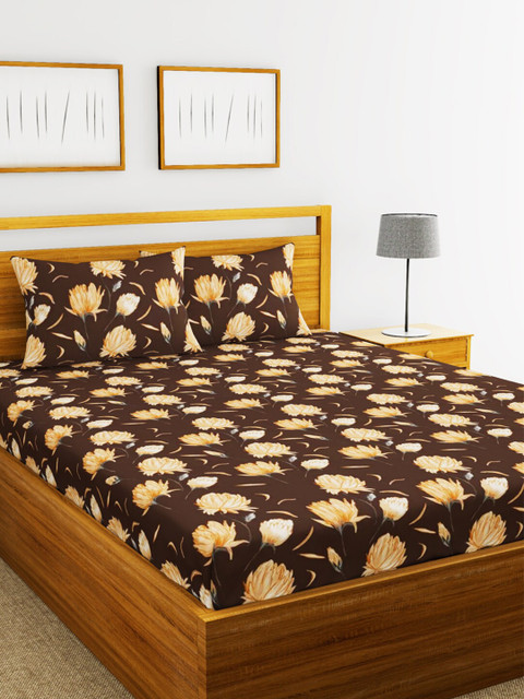 

BIANCA Brown & Cream-Coloured Floral 152 TC Queen Bedsheet with 2 Pillow Covers