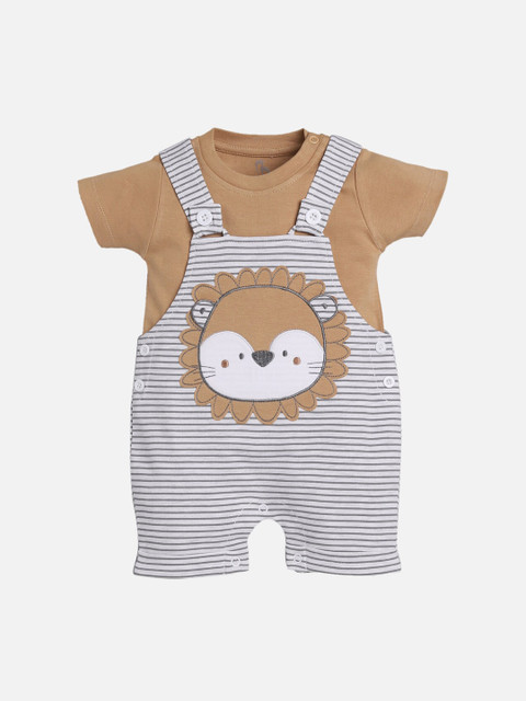 

BABY GO Boys White & Beige Striped Pure Cotton Dungaree With T-Shirt