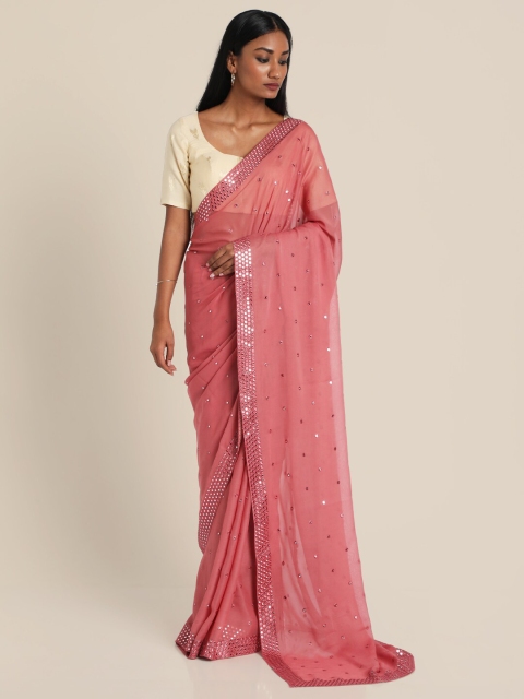 

Suta Pink Woven Design Mirror Work Saree