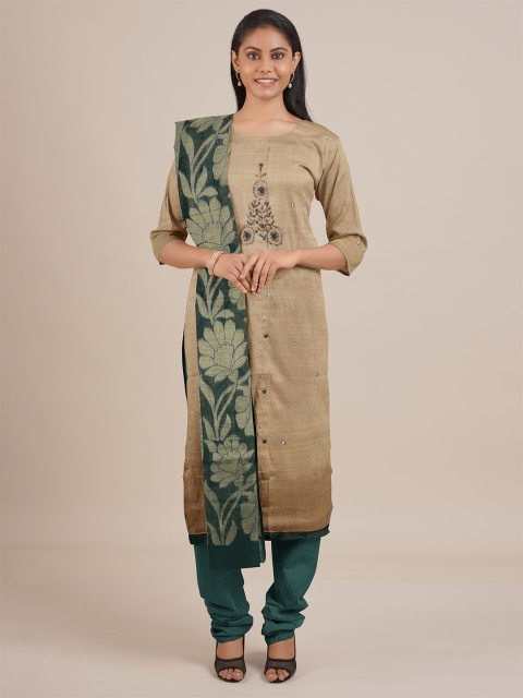 

Pothys Tan & Green Embroidered Unstitched Dress Material