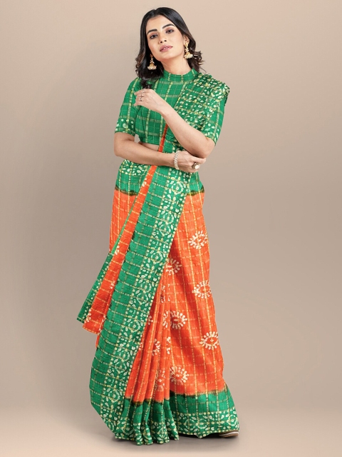 

BharatSthali Orange & Green Batik Pure Cotton Venkatgiri Saree