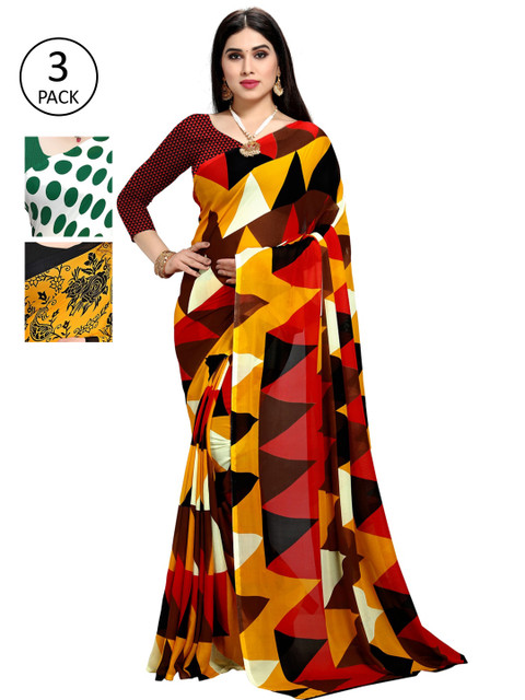 

KALINI Pack of 3 Poly Georgette Sarees, Green