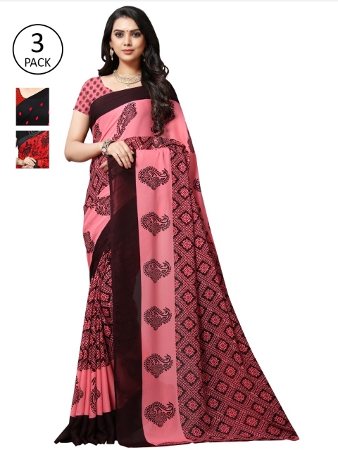 

KALINI Women Pack of 3 Printed Sarees, Red