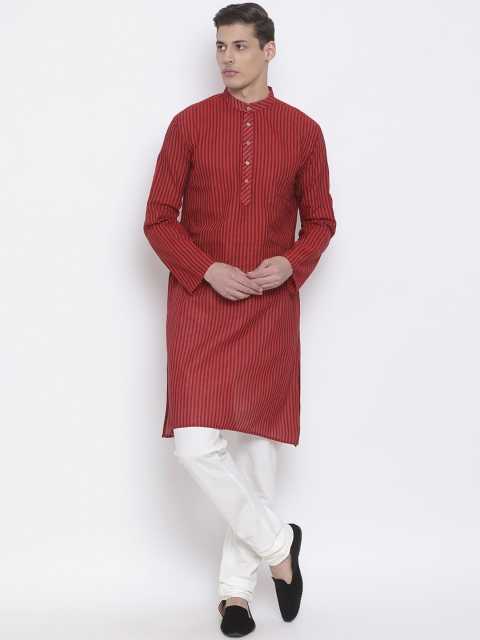 

VASTRAMAY Men Maroon Striped Pure Cotton Kurta with Churidar