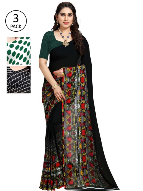 

KALINI Women Pack of 3 Printed Poly Georgette Sarees, White