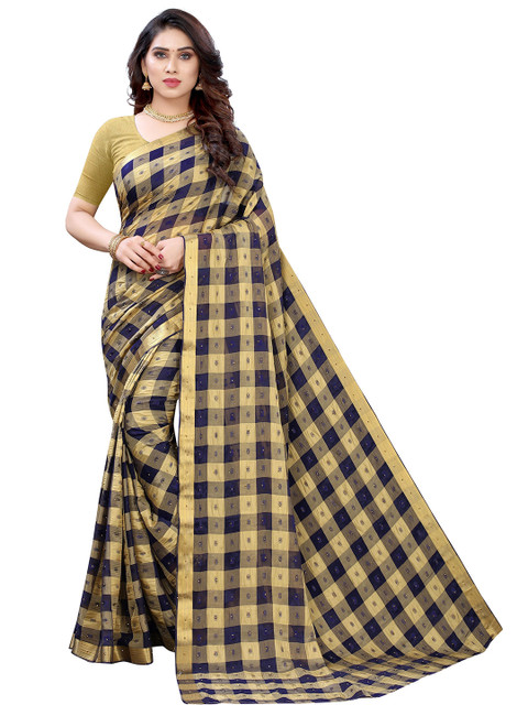 

KALINI Navy Blue & Golden Checked Pure Chiffon Saree