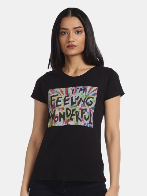 

Sugr Women Black Typography Printed Cotton Pure Cotton T-shirt