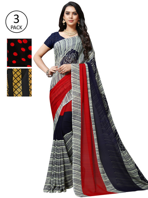 

KALINI Women Pack of 3 Printed Sarees, Red