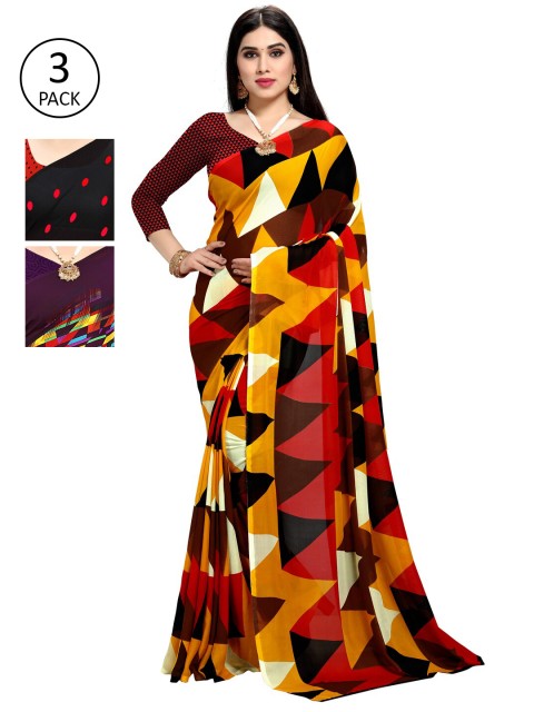 

KALINI Women Pack of 3 Printed Sarees, Black
