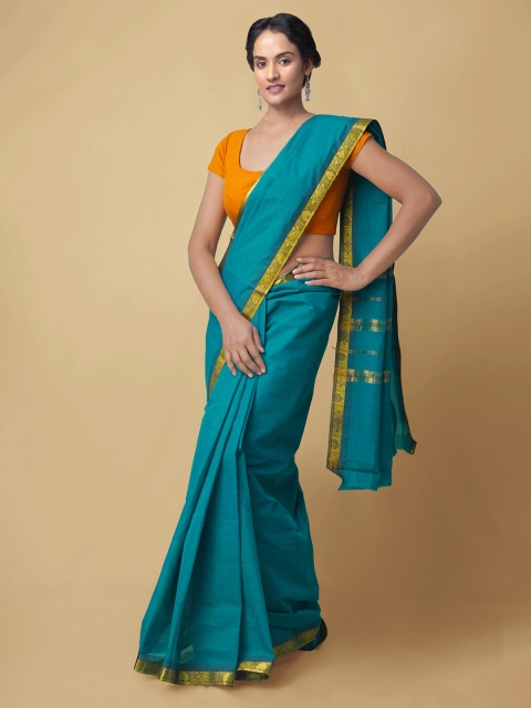 

Unnati Silks Blue & Gold-Toned Zari Pure Cotton Venkatgiri Saree