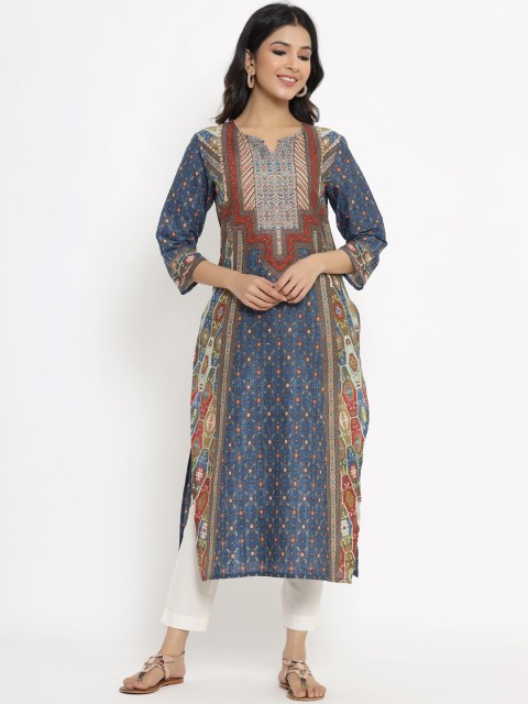 

Juniper Women Navy Blue & Rust Ethnic Motifs Printed Kurta