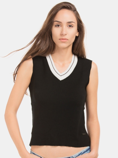 Flying Machine Women Black & White Cotton Sweater