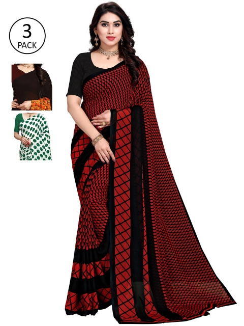 

KALINI Pack Of 3 Poly Georgette Sarees, Red