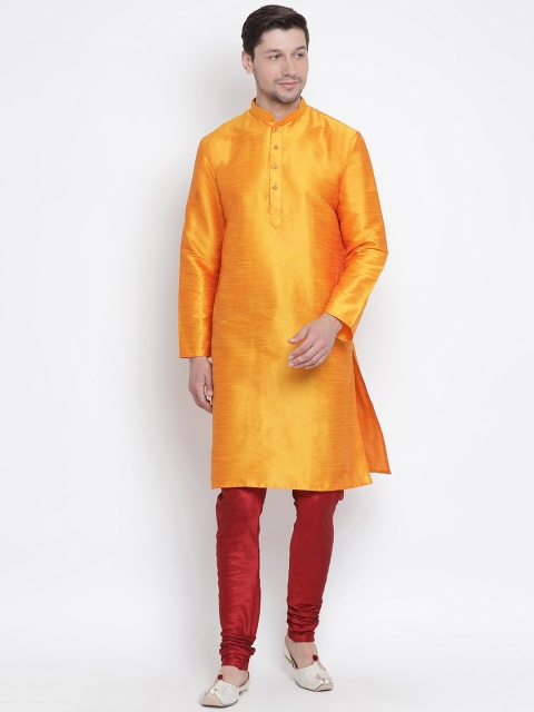 

VASTRAMAY Men's Orange Silk Cotton Blend Kurta with Churidar