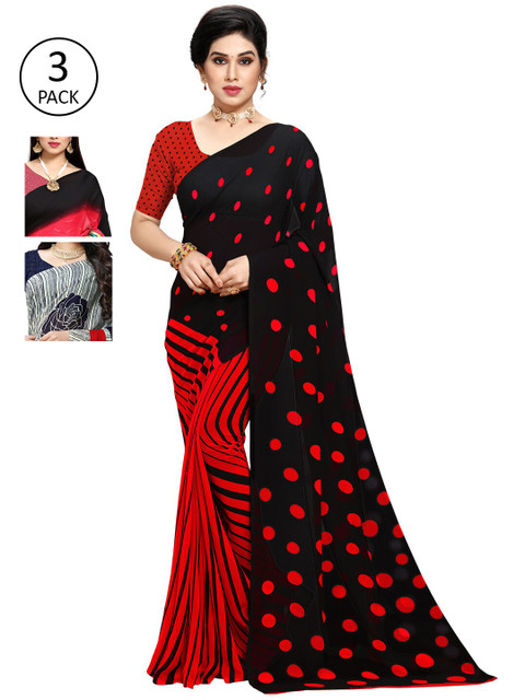 

KALINI Women Pack of 3 Printed Poly Georgette Sarees, Red