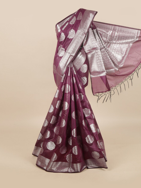 

Pothys Purple & Silver-Toned Ethnic Motifs Zari Linen Blend Saree