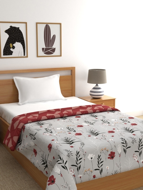 Trident Off White & Black Floral Microfiber AC Room Reversible Single Bed Dohar