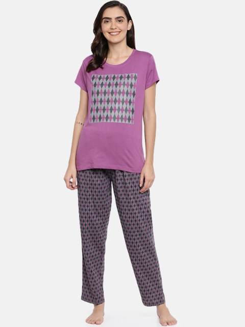 

Ellete Women Purple & Grey Printed Night suit