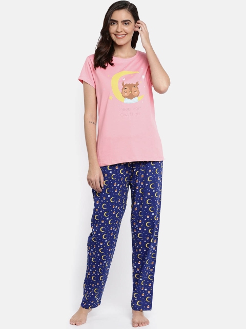 

Ellete Women Pink & Blue Printed Cotton Night Suit