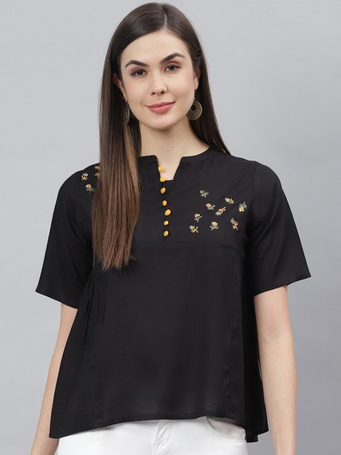 

Shakumbhari Black Mandarin Collar A-Line Top