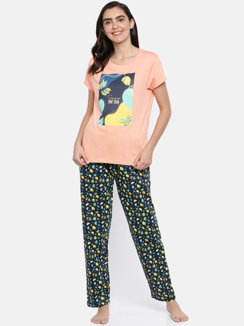 

Ellete Women Peach & Blue Printed Night suit