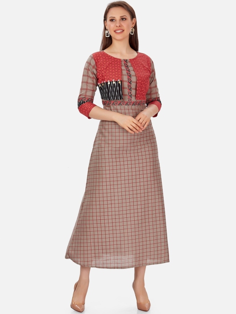 

Kiana Brown & Red Checked Cotton Ethnic Maxi Dress