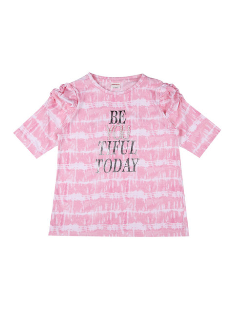 

RAINE AND JAINE Girls Pink & White Typography Dyed Pure Cotton Puff Sleeves T-shirt