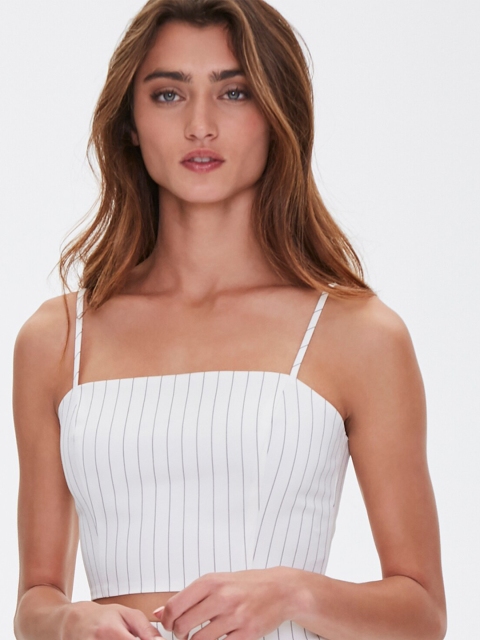 

FOREVER 21 White & Black Striped Monochrome Fitted Crop Top