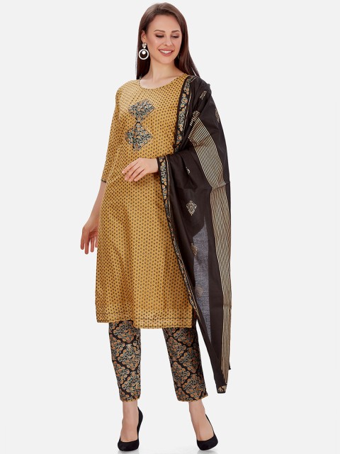 

Kiana Women Mustard Yellow Printed Pure Cotton Kurta with Trousers & With Dupatta