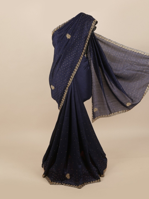 

Pothys Navy Blue & Gold-Toned Embellished Beads and Stones Pure Georgette Saree