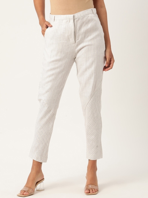 ROOTED Women White & Grey Striped Trousers