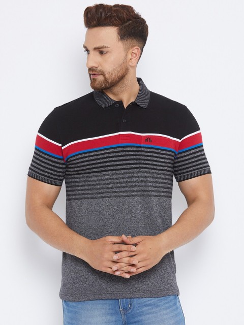 

98 Degree North Men Black Striped Polo Collar T-shirt