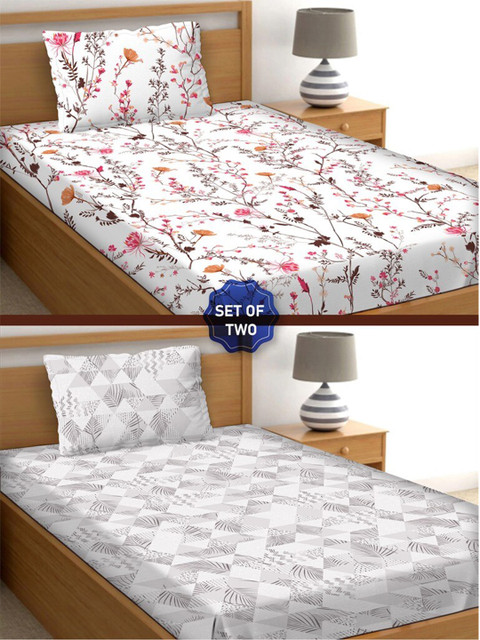 

BELLA CASA White & Pink Floral 250 TC Set Of 2 Single Bedsheets with Pillow Covers