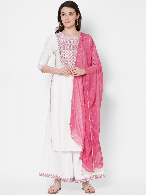

FASHOR Women White Ethnic Motifs Embroidered Layered Kurta with Palazzos