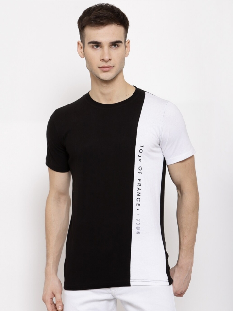 

KAY DEE Men Black White Pure Cotton Colourblocked Slim Fit Pure Cotton T-shirt