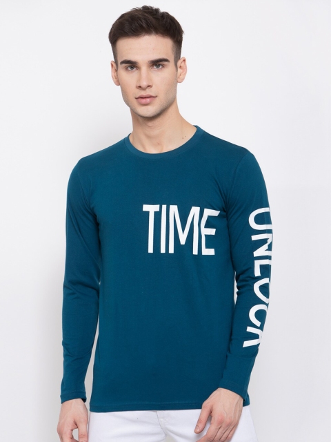 

KAY DEE Men Teal White Typography Printed Pure Cotton Slim Fit Pure Cotton T-shirt