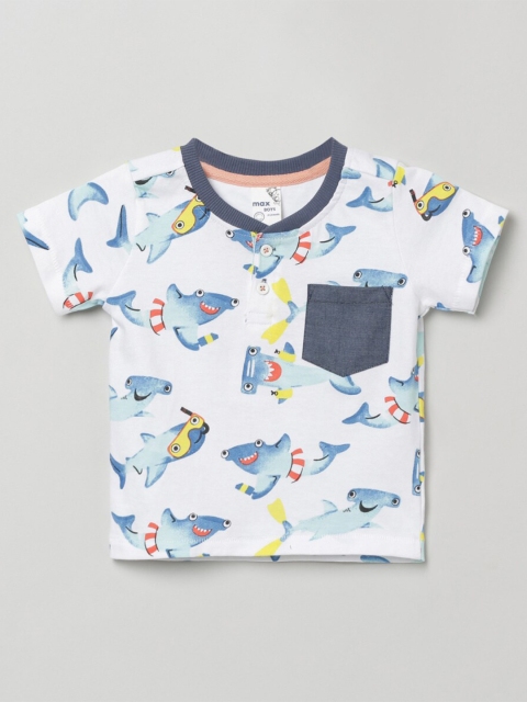 max Boys White & Blue Printed V-Neck Cotton T-shirt