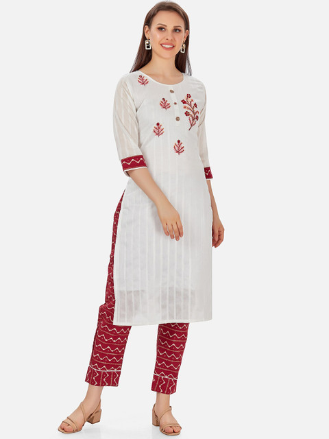 

Kiana Women White Printed Chanderi Silk Kurta with Trousers