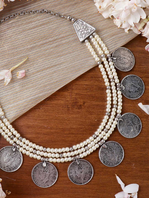 

TEEJH Silver-Plated & White Brass Oxidised Antique Coin Necklace