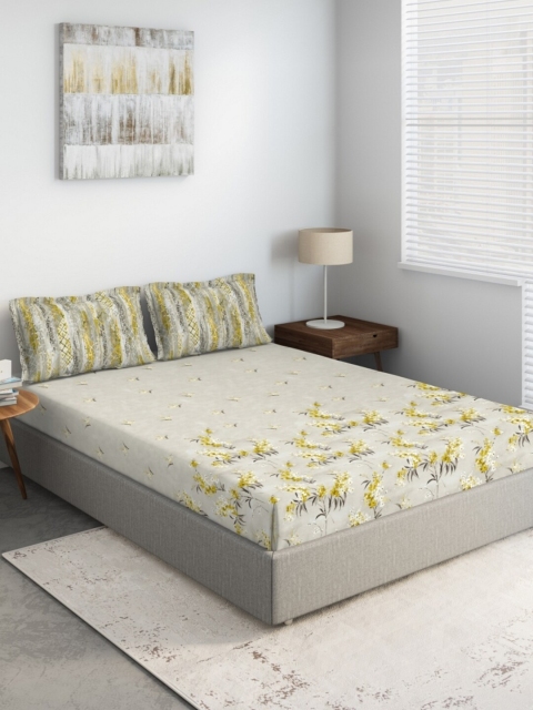 

DDecor Off White & Lime Green Floral 140 TC Queen Bedsheet with 2 Pillow Covers