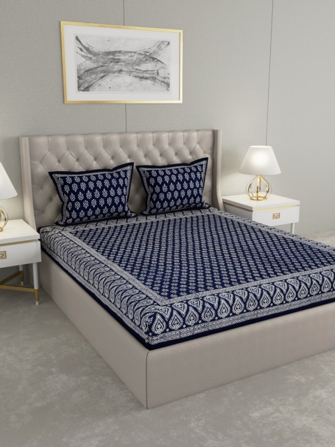 

RANGDESI Navy Blue & White Ethnic Motifs 210 TC King Bedsheet with 2 Pillow Covers